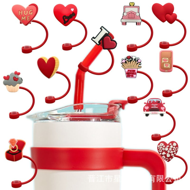 Wholesale 10pcs Valentine's Day Love Silicone Dustproof Red 8/10mm Straw Cover